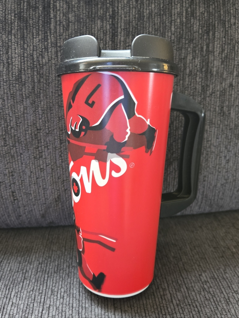 Tim Hortons 2019 Red Hockey Plastic Travel Mug with Black Handle - Rare Find